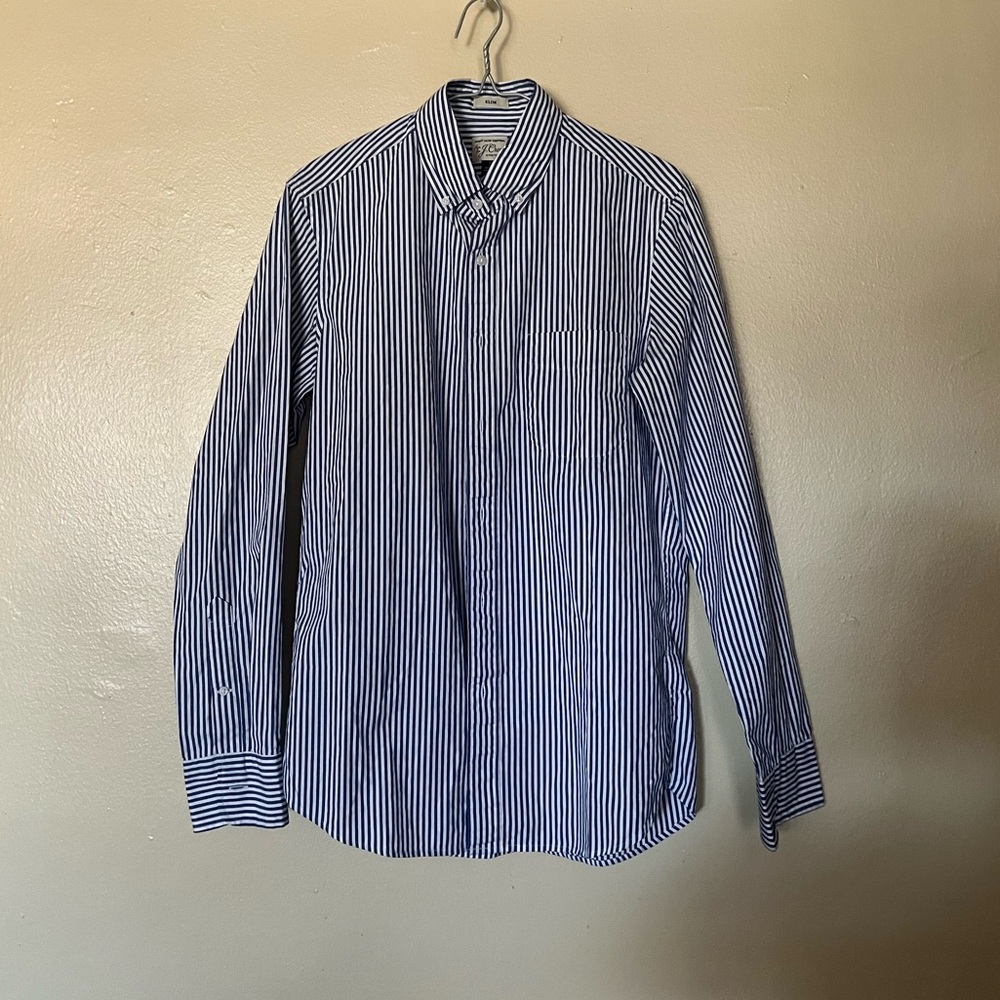 J CREW Men Shirt Navy white Striped Slim-Fit Blue Cotton Stretch Secret Wash